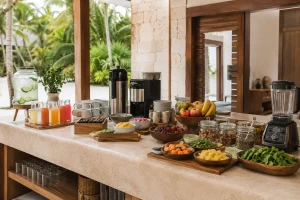 Chefs preparing healthy retreat meals with vegetables, grains, salads and proteins at a Riviera Maya property