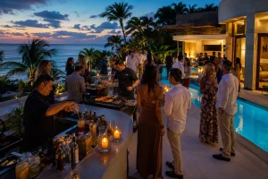 Chefs and bartenders working behind the scenes at a private villa event in Cancun
