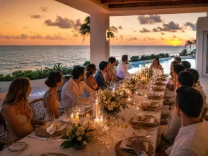 Intimate villa wedding dinner in Cancun with guests seated around a candlelit table at sunset