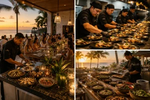 Large group private chef service in Cancun with chefs plating dinner for guests at an oceanfront villa