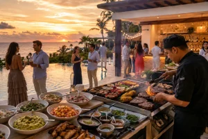 Friends enjoying cocktails, small plates and canapés during an engagement party in Cancun
