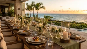Luxury catering in Cancun set for an elegant sunset dinner at an oceanfront villa.