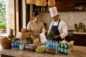 Luxury villa staff in Cancun reviewing guest arrangements and included services with a couple beside the pool