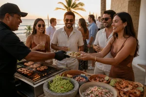 Mexican BBQ Cancun service with a chef serving freshly grilled food to guests beside the Caribbean at sunset