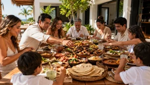 Family sharing grilled meats, tortillas, salsas and Mexican dishes around a villa table