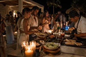 Private Cocktail Party Cancun with guests enjoying drinks, lounge seating and small plates beside an oceanfront pool
