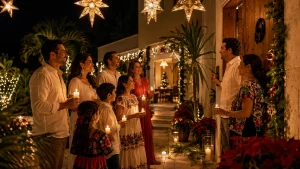 Familia participando en la tradición de pedir posada con velas durante una celebración navideña mexicana