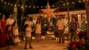Niño rompiendo una piñata de estrella durante una posada navideña en Cancún