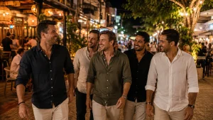 Playa del Carmen bachelor party group enjoying an evening near restaurants and nightlife