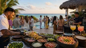 Poolside taco and ceviche station with bartender service at a villa party