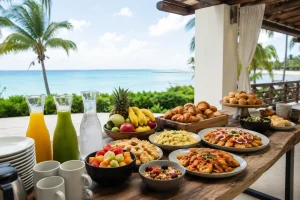 Post-wedding brunch in Cancun with fresh fruit, pastries, coffee, juices and hot breakfast dishes overlooking the Caribbean