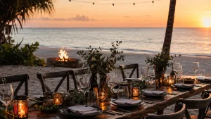Private beachfront dinner table in Cancun prepared with candles and ocean views at sunset