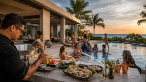 Poolside catering for a Cancun bachelorette weekend with a private chef preparing food at the villa