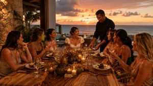 Private chef serving a personalized dinner for the bride and her friends at a villa