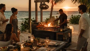 Private chef cooking on a beachfront grill for villa guests in Cancun at sunset