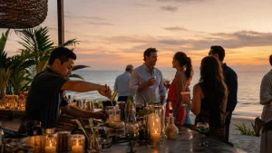 Bartender preparing cocktails for guests during a private beachfront event in Cancun