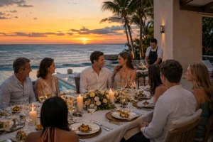 Engaged couple enjoying a private chef dinner with close family at a Cancun oceanfront villa