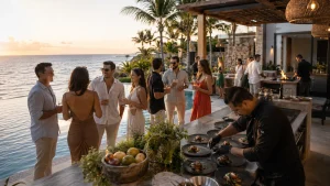 Private Chef in Cancun plating food for a group enjoying drinks beside an oceanfront villa pool.