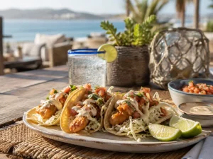 Baja California private chef menu with Ensenada style fish tacos and fresh topping