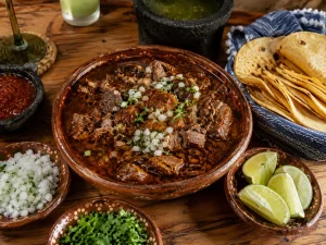Jalisco private chef menu with beef birria, tortillas, lime, onion and cilantro