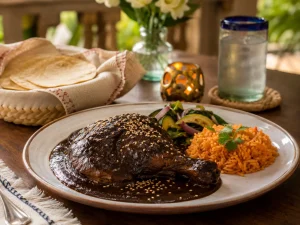 Oaxaca private chef menu with chicken mole negro, rice and warm tortillas