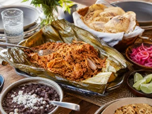 Yucatan private chef menu with cochinita pibil, tortillas and pickled red onion