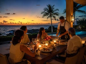 Private chef Puerto Morelos serving dinner to villa guests at sunset by the ocean