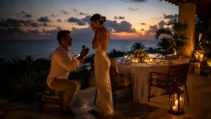 Marriage proposal during a private villa dinner with an intimate candlelit setup