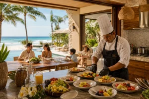 Private chef preparing breakfast for guests during a Staffed Villa Cancun stay overlooking the Caribbean
