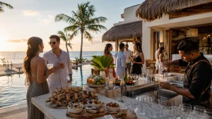 Private event catering setup with a long dinner table at an oceanfront Riviera Maya villa