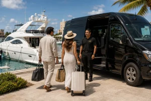 Private transportation in Cancun taking villa guests and luggage to a yacht marina for their charter