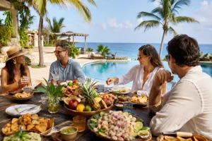 Guests enjoying a relaxed private villa lunch with ceviche, tropical fruit and Mexican dishes beside the pool