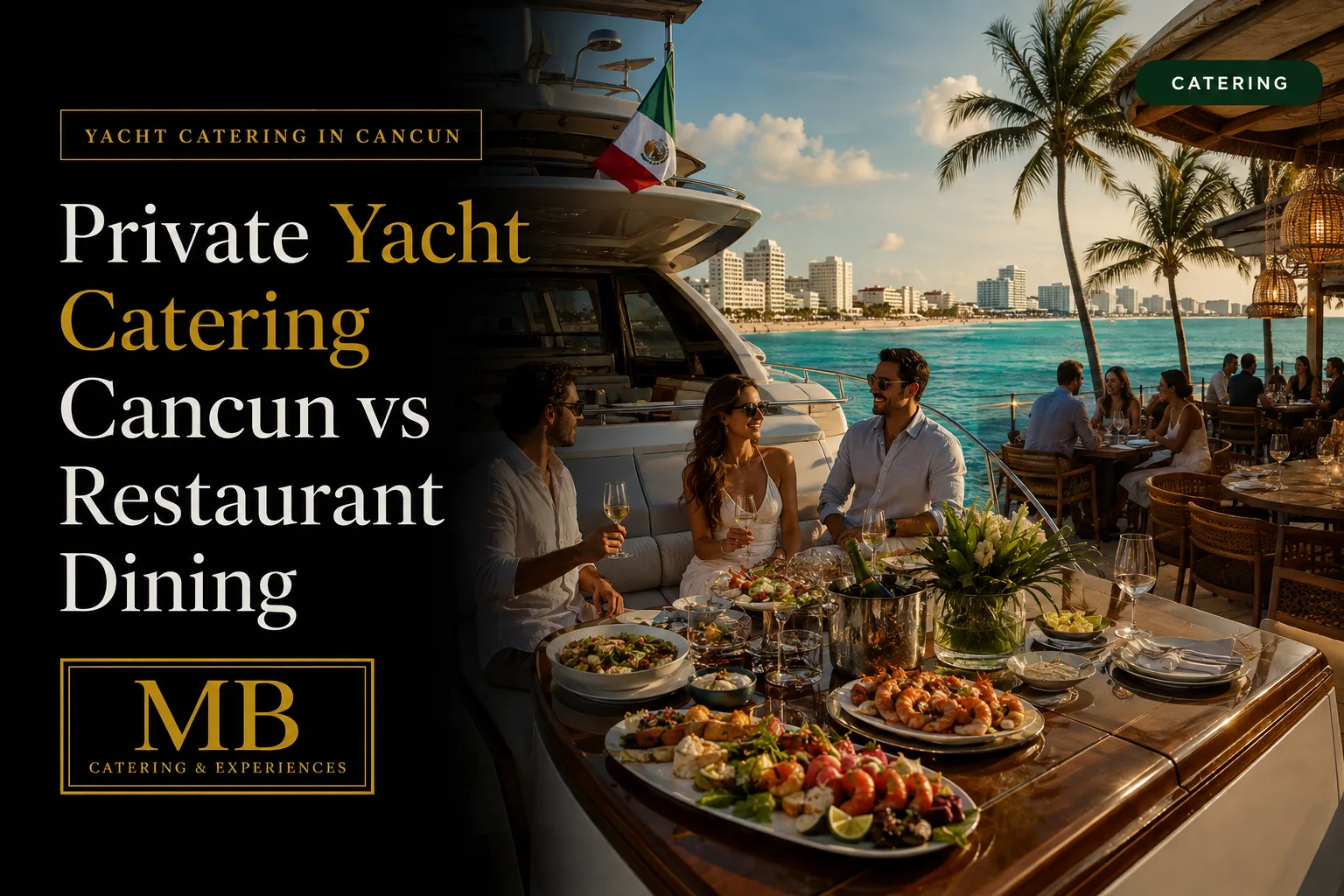 Private Yacht Catering Cancun vs restaurant dining with onboard seafood and waterfront dining