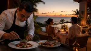 Couple enjoying a candlelit private villa dinner on a terrace at sunset