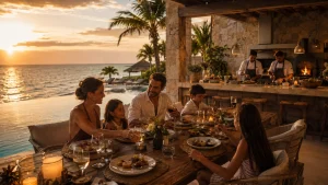 Villa Private Chef Cancun experience with guests dining beside an infinity pool at sunset