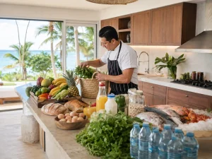 Private chef preparing fresh ingredients and seafood in a Puerto Morelos beachfront villa kitchen