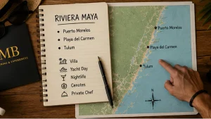 Planning a bachelor party in Riviera Maya with Puerto Morelos, Playa del Carmen and Tulum marked on a map