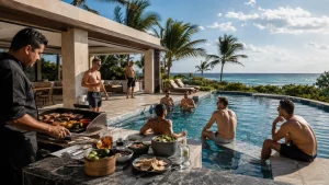 Private chef preparing a live grill for a Riviera Maya bachelor weekend beside a villa pool