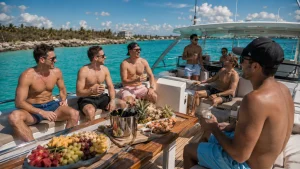 Riviera Maya bachelor yacht party with friends enjoying drinks, fresh fruit and seafood on a private boat