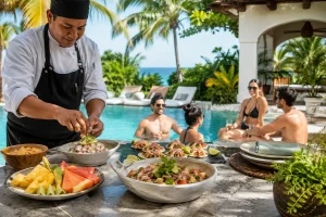 Riviera Maya Private Chef preparing ceviche, tacos and fresh fruit for guests enjoying lunch beside a villa pool