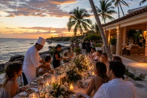 Private event catering in Riviera Maya with a chef and service team serving an outdoor sunset dinner by the Caribbean Sea