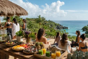 Fresh breakfast, fruit and juices prepared for a private group overlooking the Caribbean in Riviera Maya