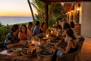 Retreat guests enjoying a relaxed group dinner at sunset overlooking the Caribbean in Riviera Maya