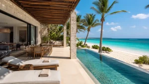 Private beachfront villa in Riviera Maya with infinity pool and outdoor dining area