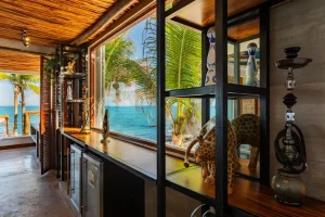 Private villa bar area in Riviera Maya with ocean views and space for drinks and guest service