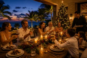 Family enjoying a private villa Christmas dinner in Riviera Maya with table service overlooking the Caribbean