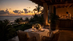 Covered villa terrace prepared for a private dinner with ocean views and candlelight
