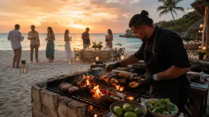 Chef grilling steak and seafood over a live fire beside the beach at sunset