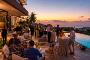 Cancun cocktail event with separate bar and food stations allowing guests to move easily around the terrace