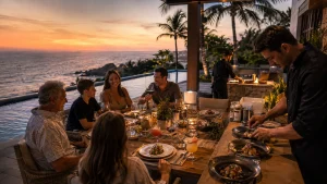 Family sharing dinner at a Cancun villa while private chefs prepare the meal